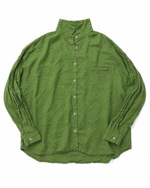 Green 100% Ramie Button Front Shirt Pleated Sleeves One Size F